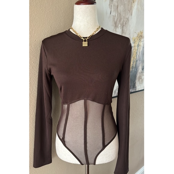 Tops - Mesh and ribbed long sleeve bodysuit